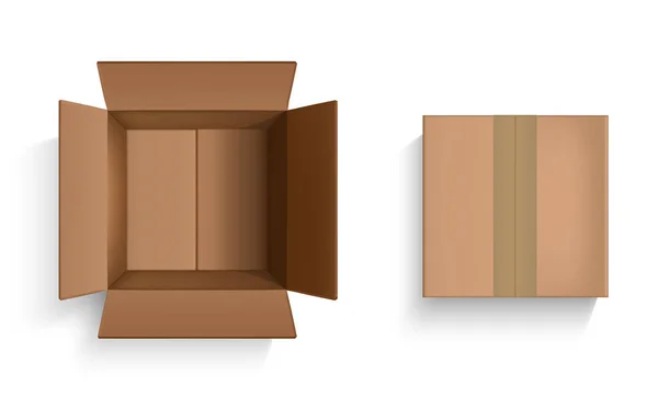 3d Brown Blank Cardboard Box Top View Templat Mockup Set yang realistis. Vektor - Stok Vektor