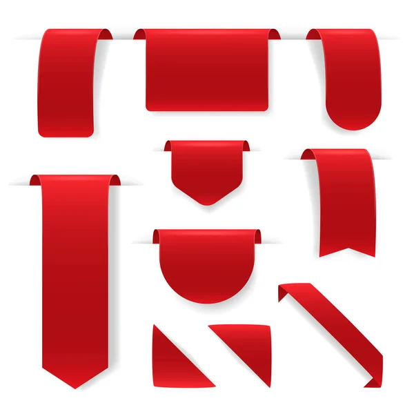 Plantilla de etiquetas de seda roja en blanco 3d detallada realista conjunto de maquetas. Vector — Vector de stock