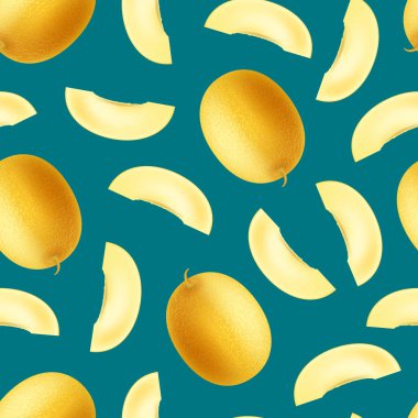 Gerçekçi Detaylı 3 boyutlu Honeydew kavunu ve Dilimsiz Desen Arkaplanı. Vektör