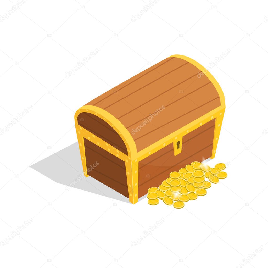 Closed Wooden Chest Sign 3d Icon Isometric View. Vector