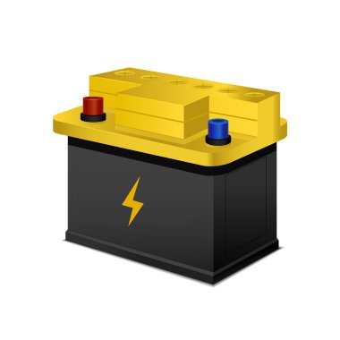 Araba aküsü ve şarj tabelası 3 boyutlu Isometric View. Vektör