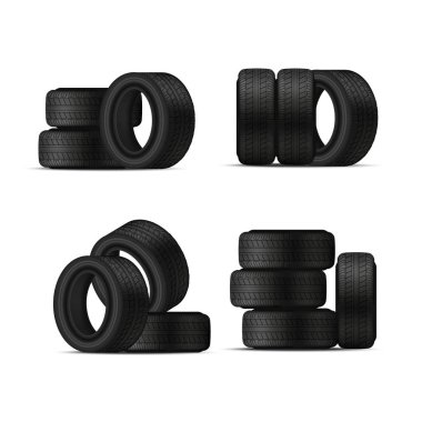 Gerçekçi 3D Detaylı Farklı Araba Lastikleri. Vektör