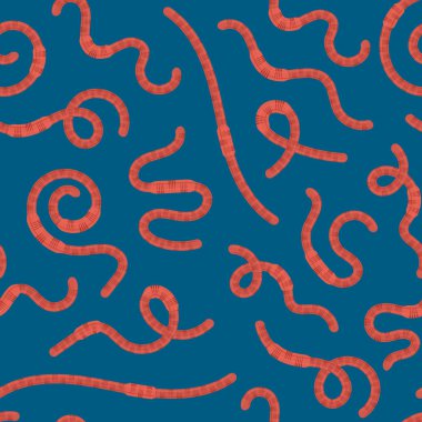 Çizgi Dünya Kırmızı Solucanları Kusursuz Desenli Arkaplan. Vektör