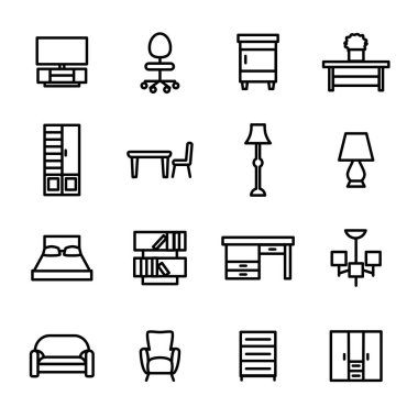 Ev Eşyaları Siyah İnce Çizgi Simgesi Ayarlandı. Vektör