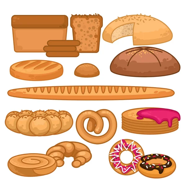 Cartoon Color Different Bread Icon Set. Vector — 스톡 벡터