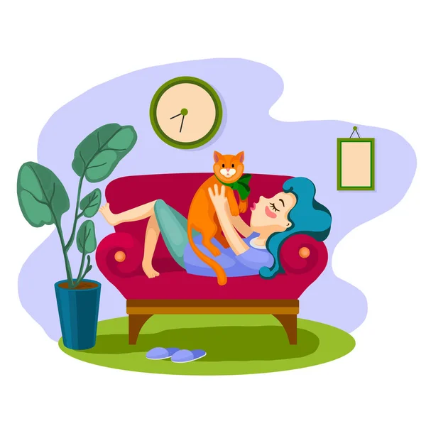 Personaje de color de dibujos animados Persona Mujer y gato en el sofá Relax Concept. Vector — Vector de stock