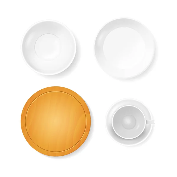Ρεαλιστική Λεπτομερής 3d Λευκό Κεραμικό και ξύλινο πιάτο σετ. Διάνυσμα — Διανυσματικό Αρχείο