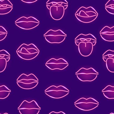 Lips Neon İşaretleri İnce Çizgili Kusursuz Desen Arkaplanı. Vektör