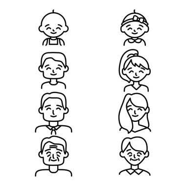 Farklı yaşlarda insanlar siyah ince çizgi simgesi imzalarlar. Vektör