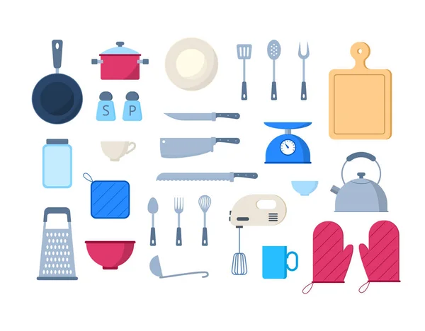 Set di icone di diversi strumenti da cucina a colori del cartone animato. Vettore — Vettoriale Stock
