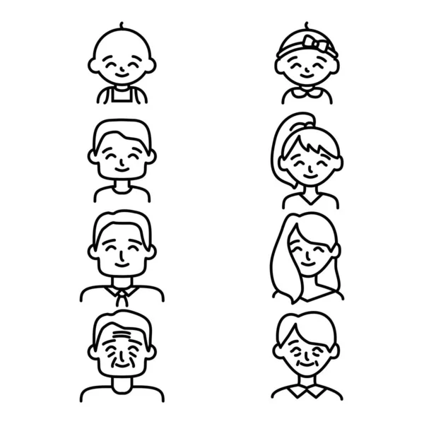 Different Ages People Sign Black Thin Line Icon Set. Vector — 스톡 벡터