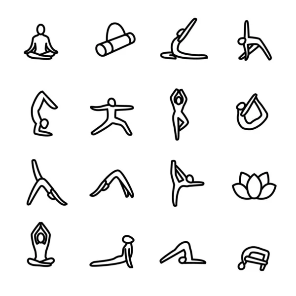 Практика медитации Йога Знак черной тонкой линии иконы набор. Вектор — стоковый вектор