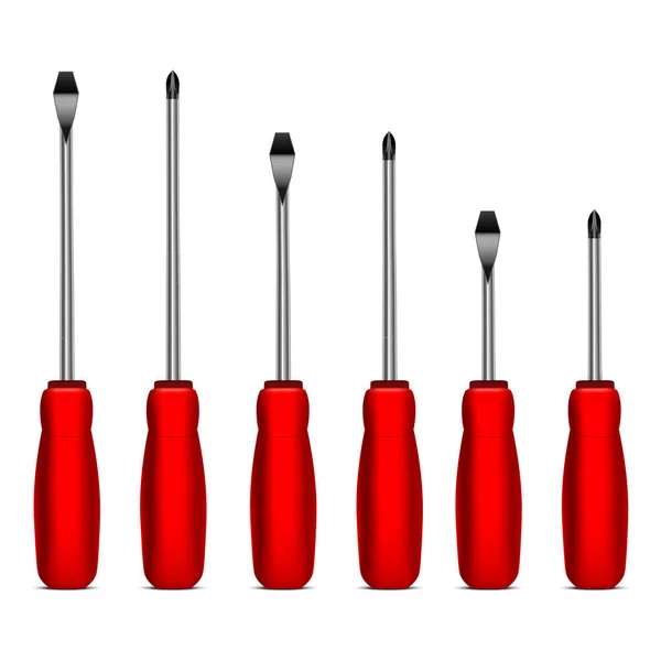 Realistic Detailed 3d Red Screwdrivers Set. Vector — 스톡 벡터