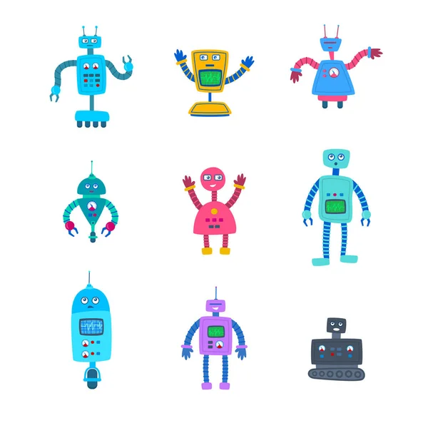 Cartoon Color Different Robot Characters Icon Set. Vector — Stock Vector