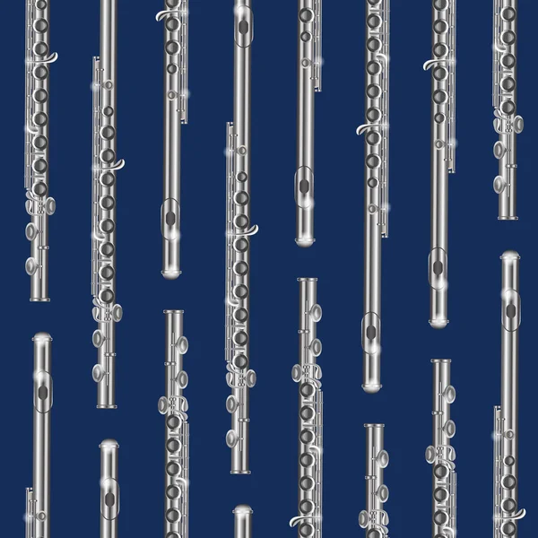 Realistic 3d Detailed Classical Flute Musical Seamless Pattern Background. Vector — Stock vektor