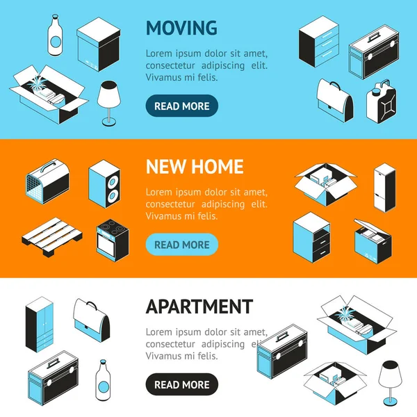 Déménagement dans un nouvel ensemble horizontal de bannière de concept de maison. Vecteur — Image vectorielle