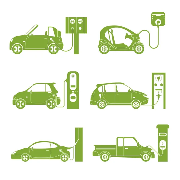 Cartoon Silhouette Green Electric Car Different Design Icon Set. Vector — Stock Vector