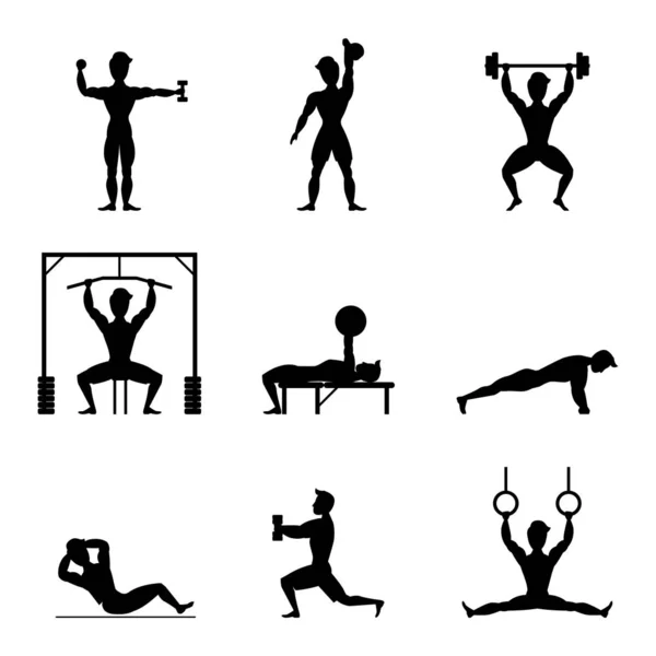 Cartoon Silhouette Black Characters Muscular Man Icon Set. Vector — Stock Vector