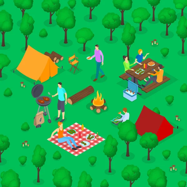 Barbacoa concepto de picnic 3d vista isométrica. Vector — Vector de stock