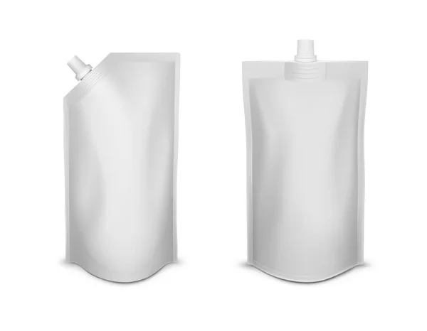 Realistische detaillierte 3D White Blank Pouch Sachet Bag Tülldeckel-Vorlage-Mockup-Set. Vektor — Stockvektor