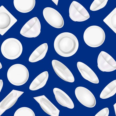 Gerçekçi Detaylı Beyaz Boş Tabaklar Şablonu Kusursuz Desensiz Arkaplan. Vektör