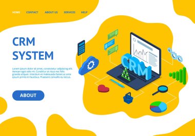 Crm System Concept Card Landing Web Page Template. Vector