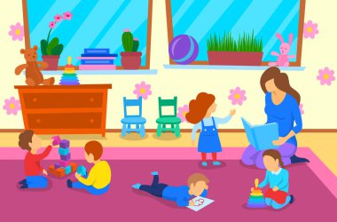 Cartoon Color Characters People and Kindergarten Interior Inside Concept. Vector