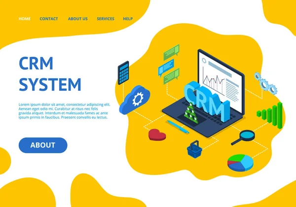 Crm System Concept Card Landing Web Page Template. Vettore — Vettoriale Stock