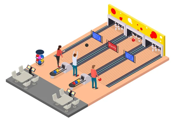 Color Characters People and Bowling Alley Concept 3d Isometric View. Vector — ストックベクタ