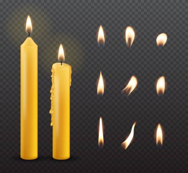 Gerçekçi 3D Ayrıntılı Yanan Mum ve Alev Seti. Vektör
