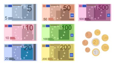 Çizgi film Rengi Euro Banknotları Simgesi Ayarlandı. Vektör