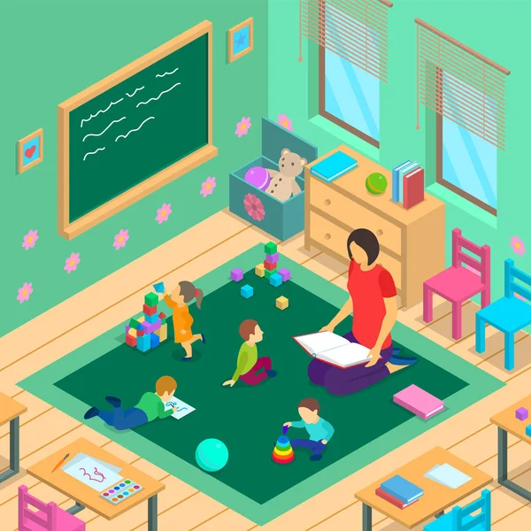 Color Characters People and Kindergarten Interior Inside Concept 3d Isometric View. Vector — Stock Vector