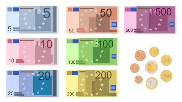 Dessin animé Couleur Euro Banknotes Icône Set. Vecteur — Image vectorielle