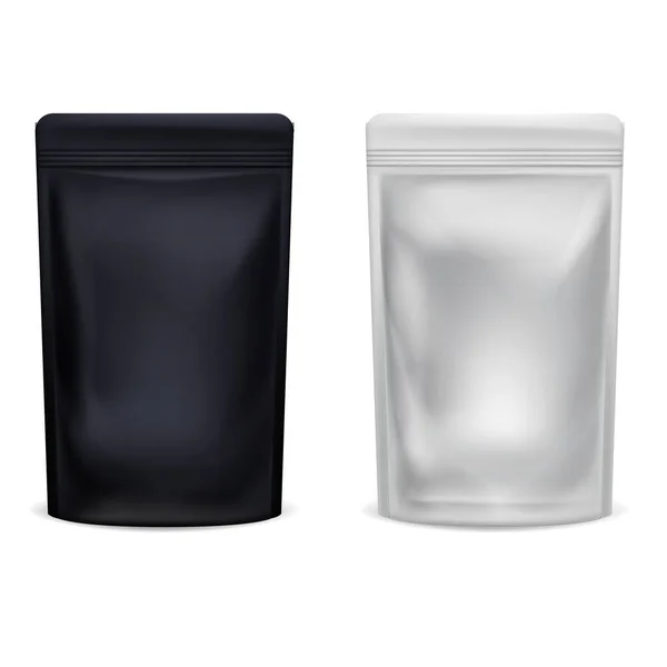現実的な詳細3dホワイトとブラックブランクプラスチック包装ジッパーテンプレートモックアップセット。ベクトル — ストックベクタ