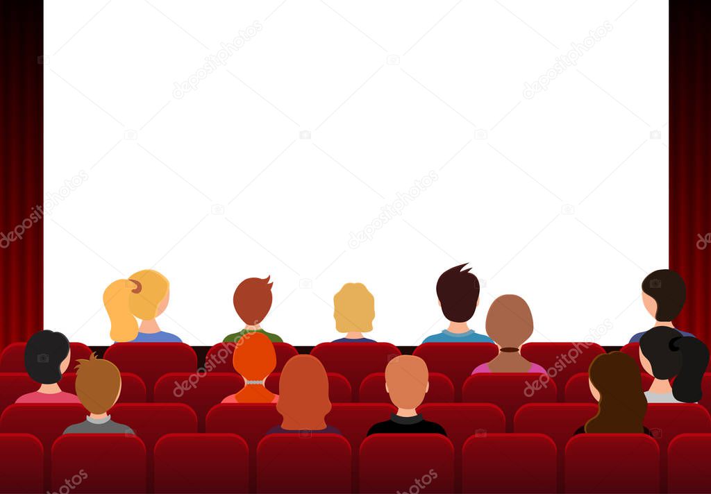 Cartoon Color Characters People in Movie Theater Concept. Vector