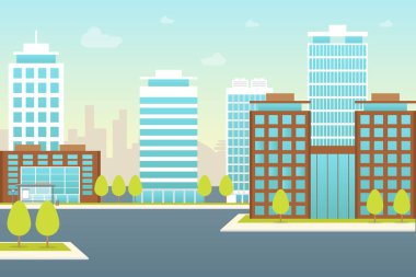 Çizgi Şehir Peyzaj Arkaplan Posteri. Vektör