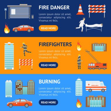 City Banner Yatay Sette İtfaiyeci Çizgi Filmi. Vektör