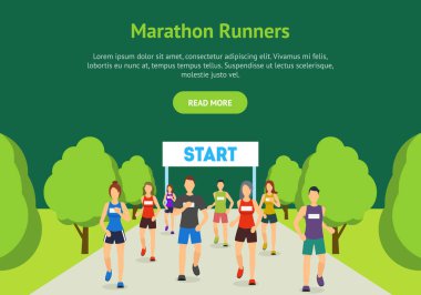 Çizgi film maraton koşucular Park yolda Poster kartı. Vektör