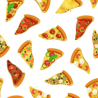 Gerçekçi 3d Detaylı Pizza Dilimleri Kusursuz Desen Arkaplanı. Vektör