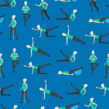 Çizgi film Renkli Kadın Karakterleri Kıdemli Egzersizi Kusursuz Desenli Arkaplan. Vektör