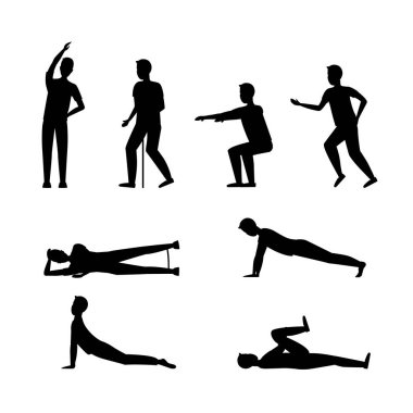 Çizgi film Silueti Siyah Erkek Karakterler Eğitimi. Vektör