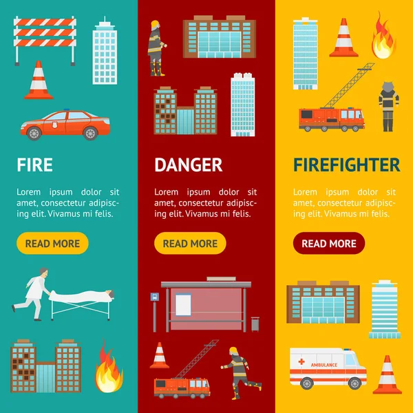 Cartoon Firefighting in City Banner Vecrtical Set. Vektor — Stockový vektor