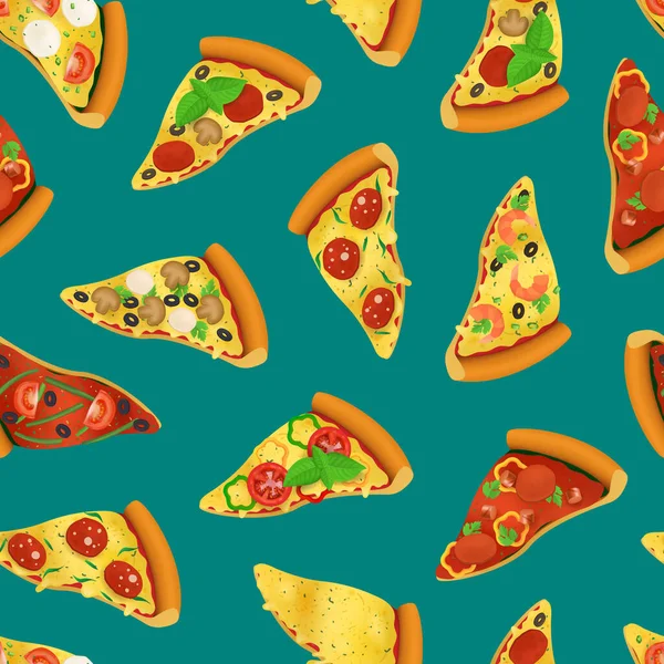 Realista 3d detalladas rebanadas de pizza sin costura Patrón de fondo. Vector — Vector de stock