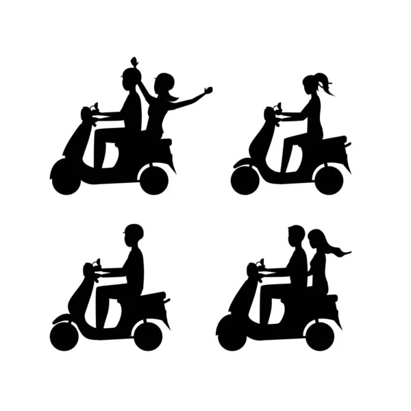 Caricatura Silueta Negro Personajes Grupo de personas a caballo conjunto de motocicletas. Vector — Vector de stock