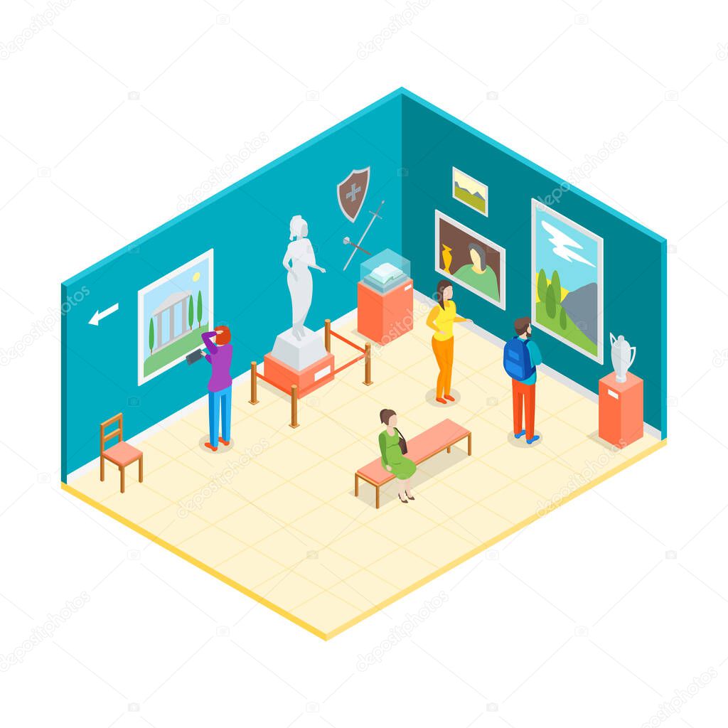 Museum Hall Interior 3d Isometric View . Vector