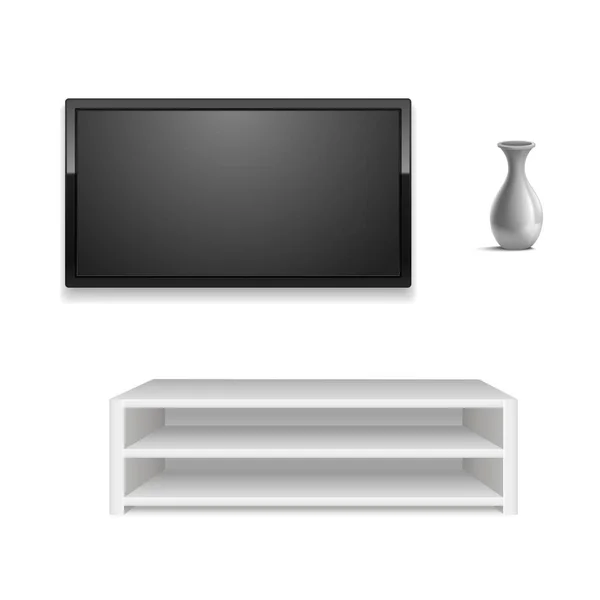 Realista 3d detalhada preto LED TV no conjunto de parede branca. Vetor —  Vetores de Stock