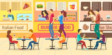 Çizgi film Karakterleri İnsanlar ve Yemekhane Restoranları Konsepti. Vektör