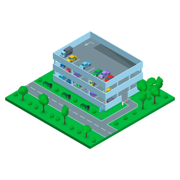 Parque de estacionamento Conceito de construção 3D Vista Isométrica. Vetor — Vetor de Stock