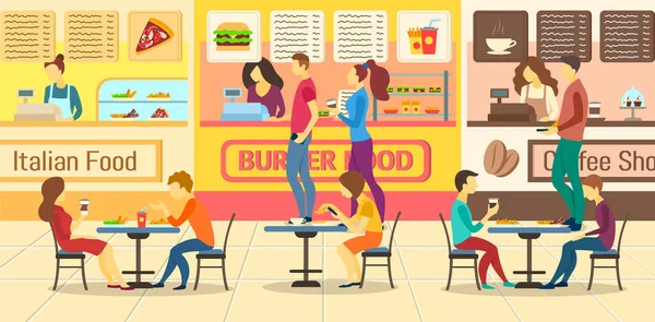 Personajes en color de dibujos animados People and Food Court Restaurants Concept. Vector — Vector de stock