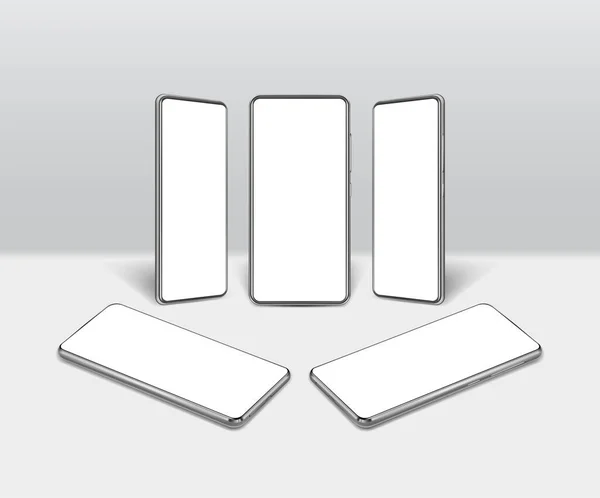 Valószerű részletes 3D fehér üres smartphone mintadeszka mockup készlet. Vektor — Stock Vector